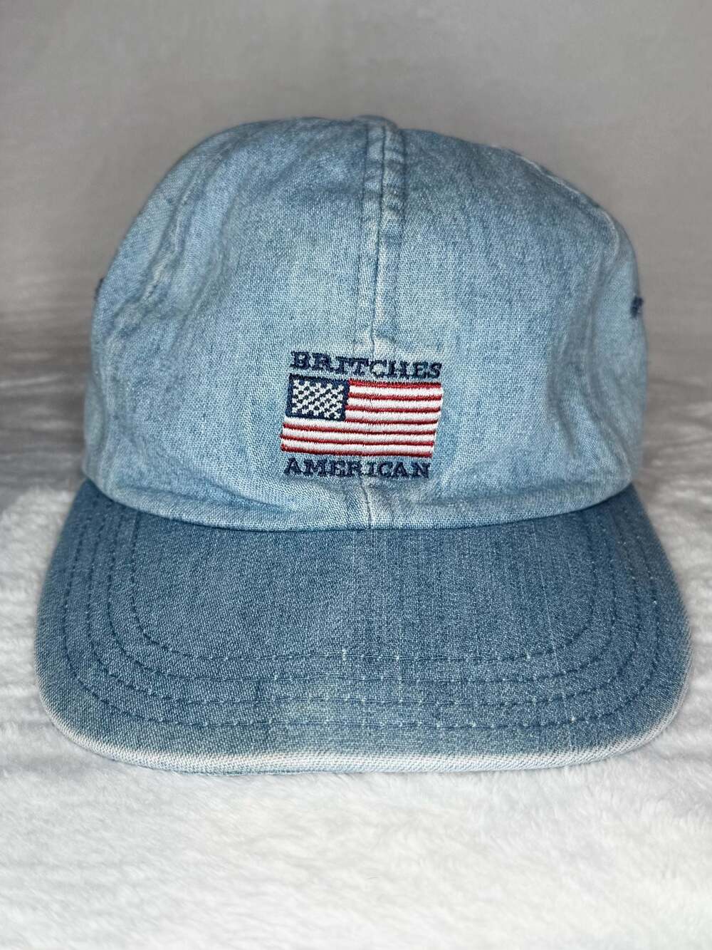 Vintage Britches American Great Outdoors USA Flag Denim Leather Strapback Hat